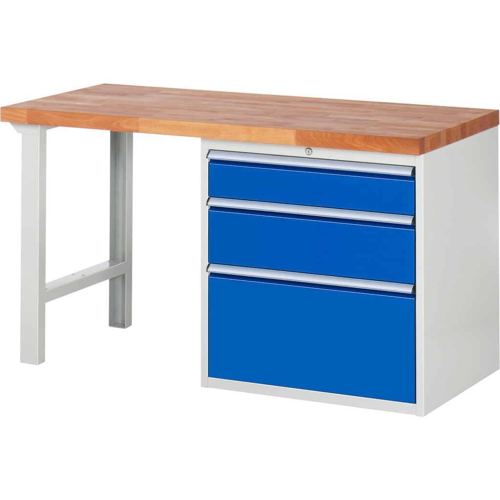 Produktabbildung: RAU Werkbank Serie 7000, 1 Container, HxBxT 890 x 1.500 x 700 mm, 3 x 90%-Auszug-Schubladen 1 x 150, 1 x 210, 1 x 360 mm, Schubladen-TK 100 kg