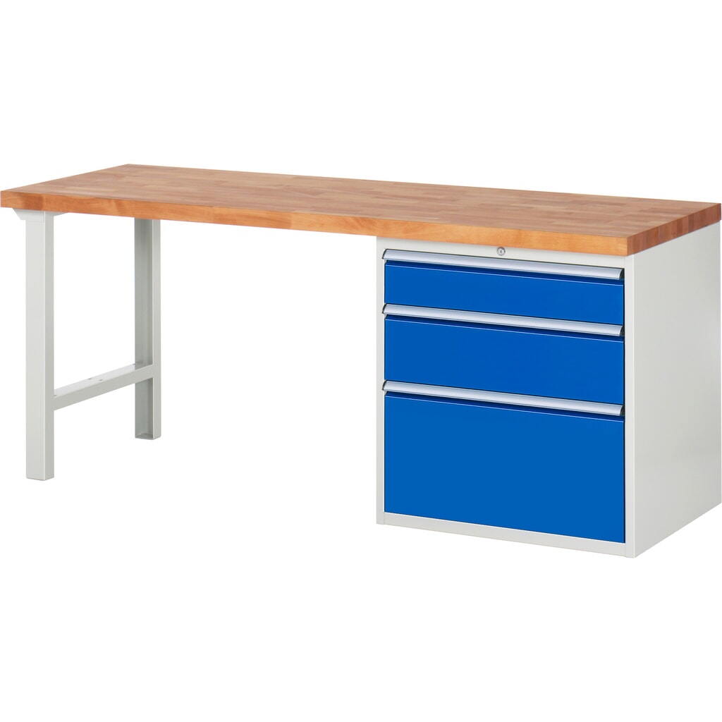Produktabbildung: RAU Werkbank Serie 7000, 1 Container, HxBxT 890 x 2.000 x 700 mm, 3 x 90%-Auszug-Schubladen 1 x 150, 1 x 210, 1 x 360 mm, Schubladen-TK 100 kg