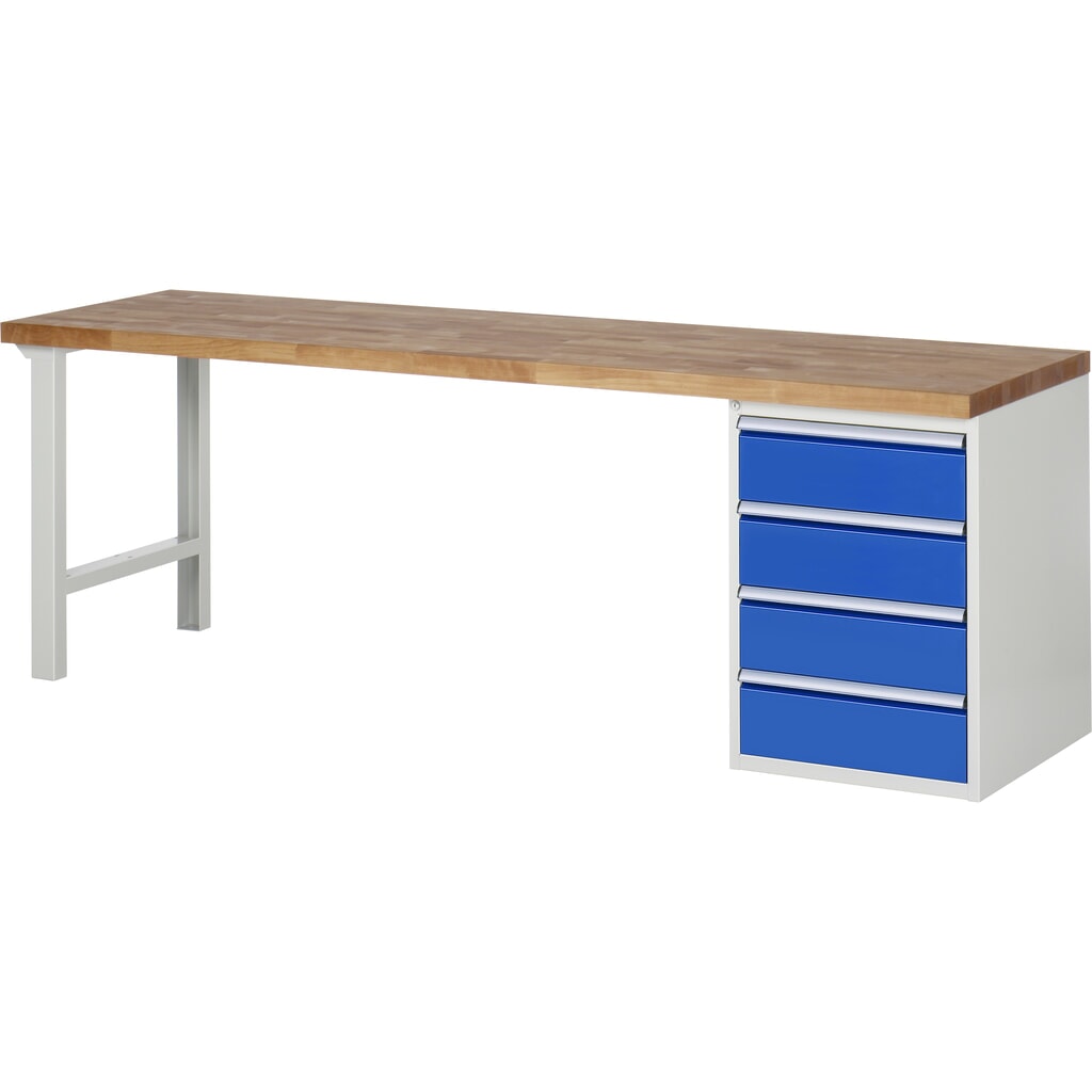RAU Werkbank Serie 7000, 1 Container, HxBxT 890 x 2.500 x 700 mm, 4 x 90%-Auszug-Schubladen 4 x 180 mm, Schubladen-TK 100 kg Produktabbildung: RAU Werkbank Serie 7000, 1 Container, HxBxT 890 x 2.500 x 700 mm, 4 x 90%-Auszug-Schubladen 4 x 180 mm, Schubladen-TK 100 kg