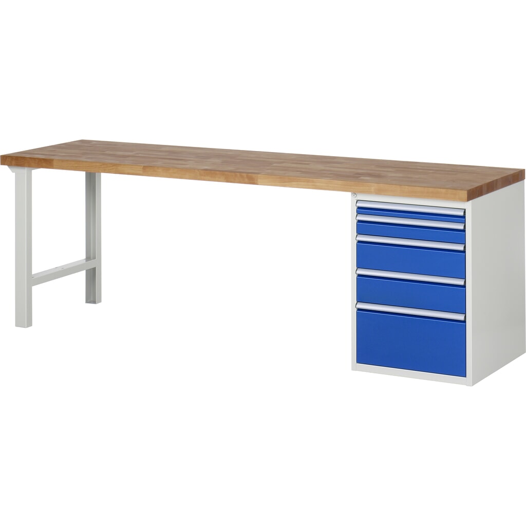 RAU Werkbank Serie 7000, 1 Container, HxBxT 890 x 2.500 x 700 mm, 5 x 90%-Auszug-Schubladen 1 x 60, 1 x 90, 2 x 150, 1 x 270 mm, Schubladen-TK 100 kg Produktabbildung: RAU Werkbank Serie 7000, 1 Container, HxBxT 890 x 2.500 x 700 mm, 5 x 90%-Auszug-Schubladen 1 x 60, 1 x 90, 2 x 150, 1 x 270 mm, Schubladen-TK 100 kg