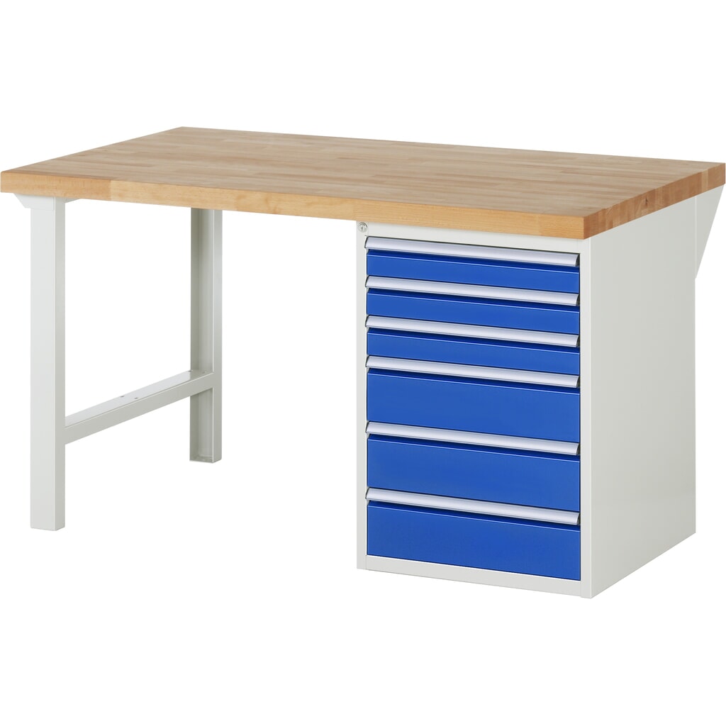 Produktabbildung: RAU Werkbank Serie 7000, 1 Container, HxBxT 890 x 1.500 x 900 mm, 6 x 90%-Auszug-Schubladen 3 x 90, 3 x 150 mm, Schubladen-TK 100 kg