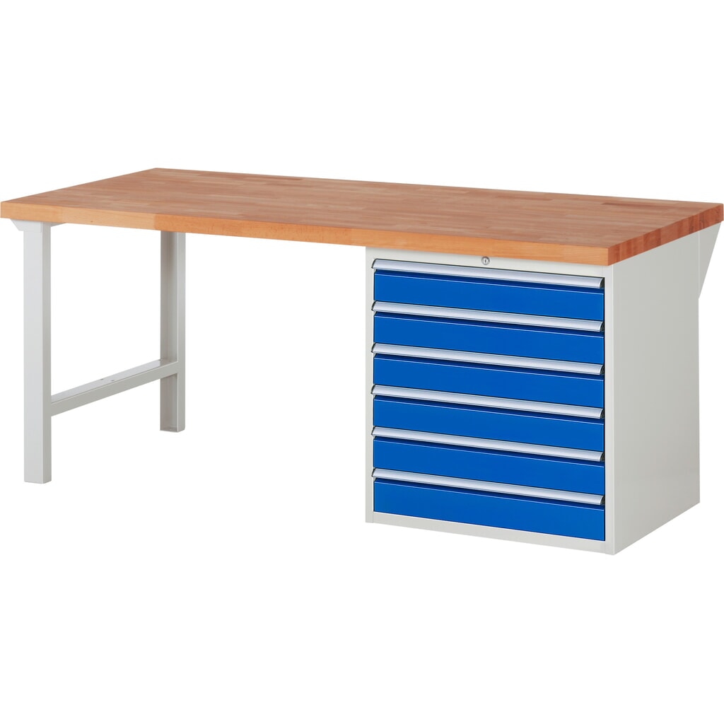 Produktabbildung: RAU Werkbank Serie 7000, 1 Container, HxBxT 890 x 2.000 x 900 mm, 6 x 90%-Auszug-Schubladen 6 x 120 mm, Schubladen-TK 75 kg