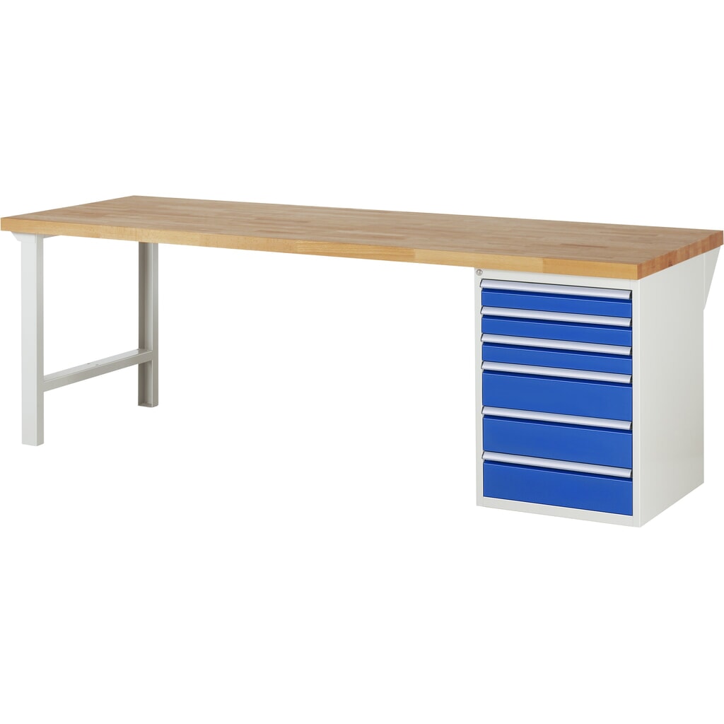 RAU Werkbank Serie 7000, 1 Container, HxBxT 890 x 2.500 x 900 mm, 6 x 90%-Auszug-Schubladen 3 x 90, 3 x 150 mm, Schubladen-TK 100 kg Produktabbildung: RAU Werkbank Serie 7000, 1 Container, HxBxT 890 x 2.500 x 900 mm, 6 x 90%-Auszug-Schubladen 3 x 90, 3 x 150 mm, Schubladen-TK 100 kg