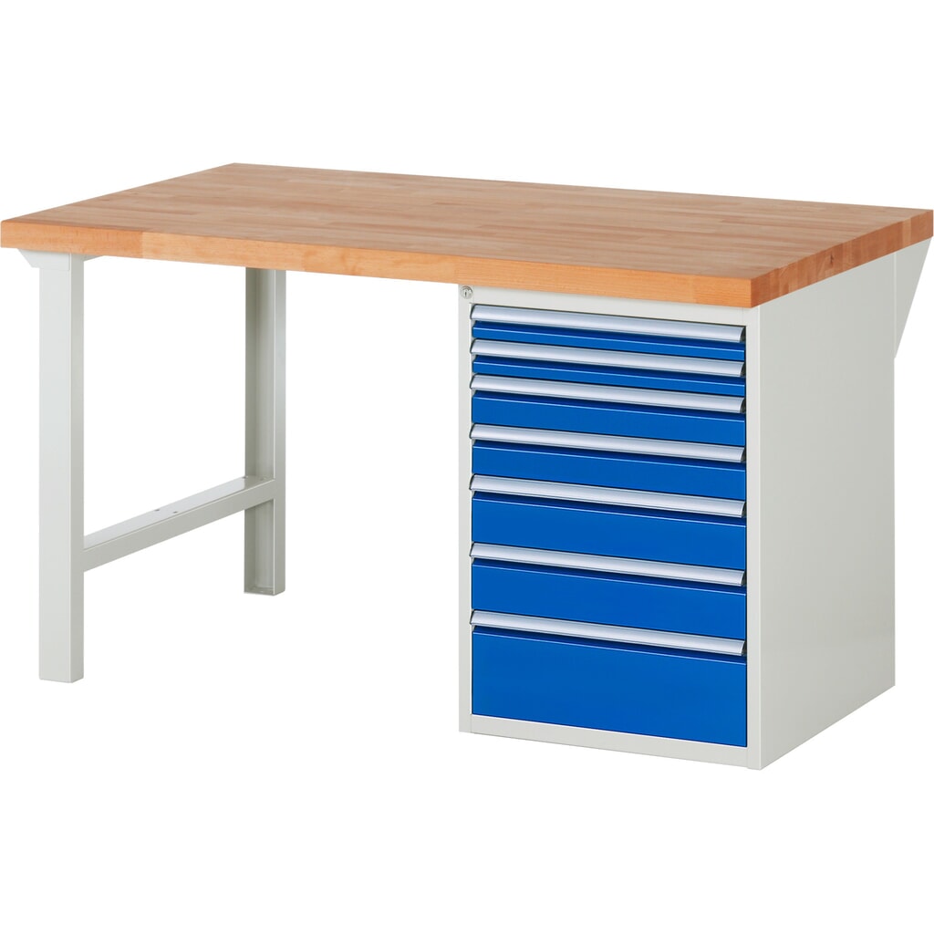 Produktabbildung: RAU Werkbank Serie 7000, 1 Container, HxBxT 840 x 1.500 x 900 mm, 7 x 100%-Auszug-Schubladen, Schubladen-TK 100 kg