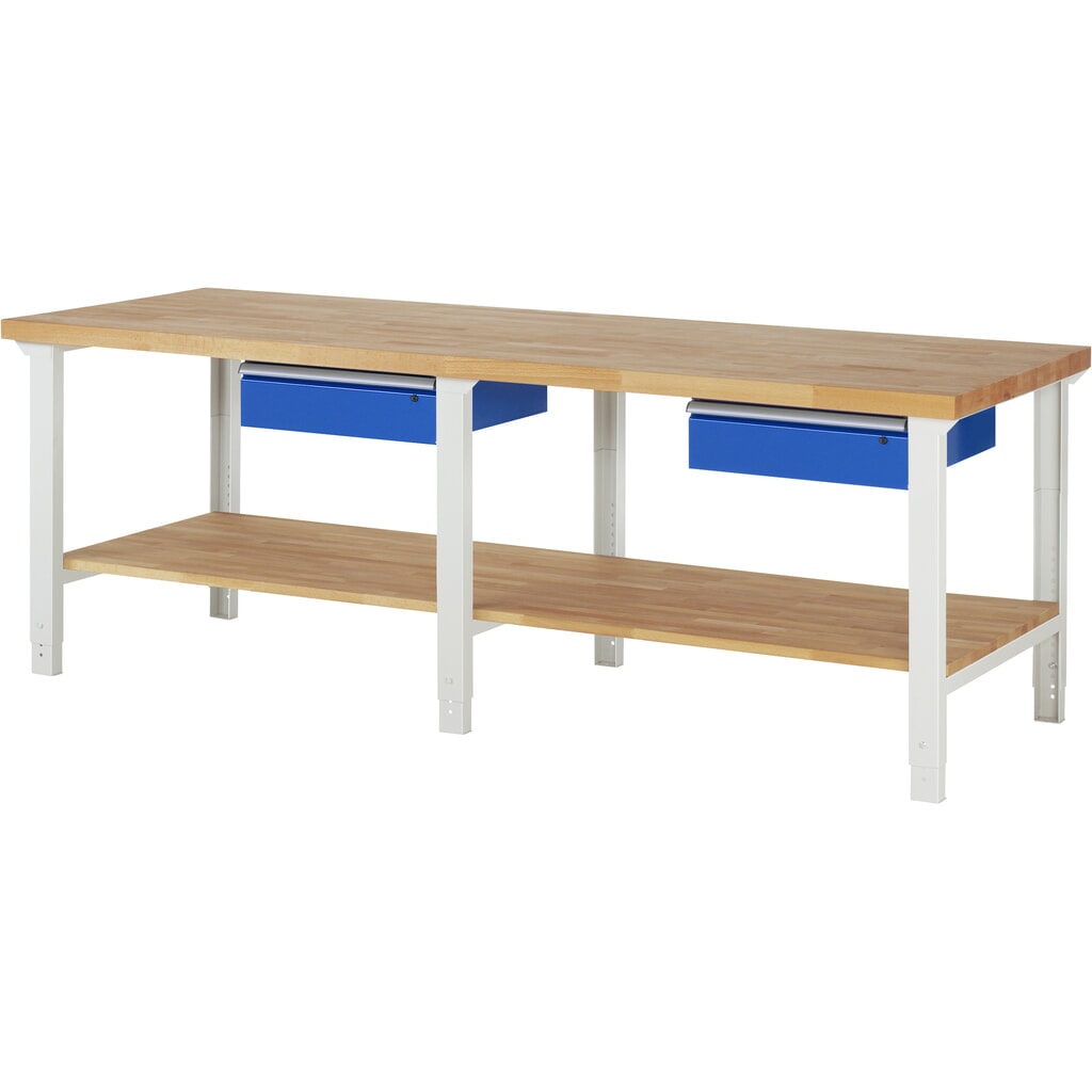 Produktabbildung: RAU Werkbank Serie 7000, HxBxT 790-1.140 x 2.500 x 900 mm, 1 Ablageboden, 2 Schubladen, ErgoScript