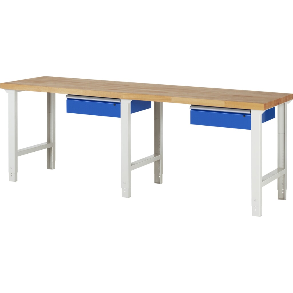 Produktabbildung: RAU Werkbank Serie 7000, HxBxT 790-1.140 x 2.500 x 700 mm, 2 Schubladen, ErgoScript