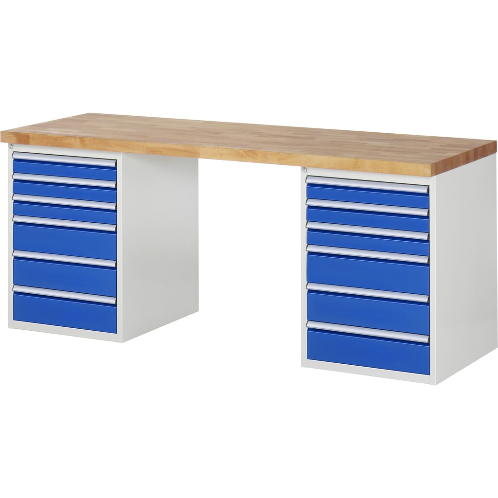 Produktabbildung: RAU Werkbank Serie 7000, 2 Container, HxBxT 890 x 2.000 x 700 mm, 12 x 90%-Auszug-Schubladen 6 x 90 mm, 6 x 150 mm