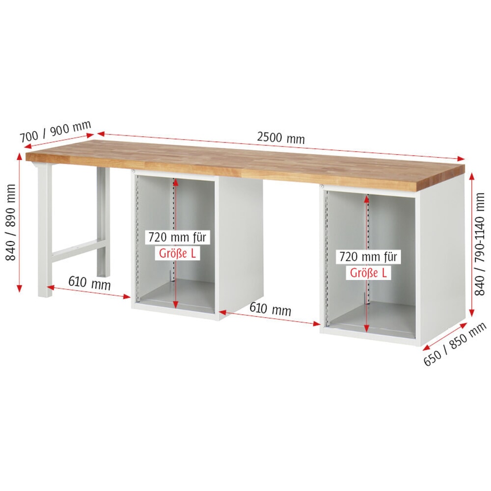 Produktabbildung Nr. 7: RAU Werkbank Serie 7000, 2 Container, HxBxT 890 x 2.500 x 700 mm, 6 x 90%-Auszug-Schubladen 4 x 180 mm, 2 x 360 mm