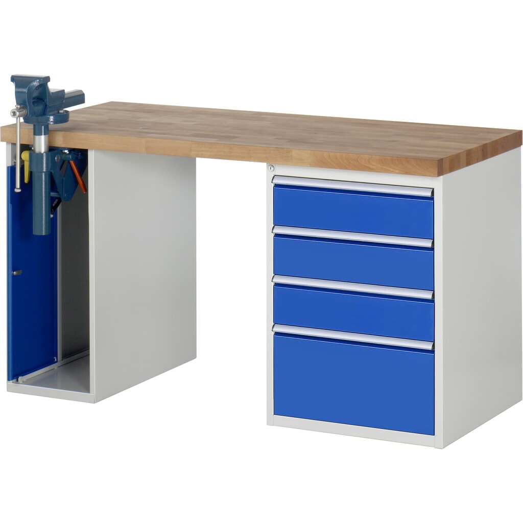 Produktabbildung: RAU Werkbank Serie 7000, 2 Container, SchraubstockHxBxT 890 x 1.500 x 700 mm,  4 x 90%-Auszug-Schubladen, Schubladen-TK 100 kg