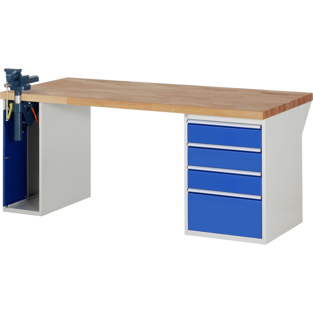 Produktabbildung: RAU Werkbank Serie 7000, 2 Container, SchraubstockHxBxT 890 x 2.000 x 900 mm,  4 x 90%-Auszug-Schubladen, Schubladen-TK 100 kg