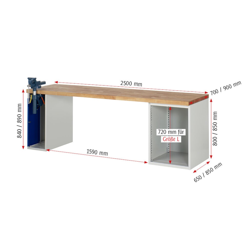 Produktabbildung Nr. 7: RAU Werkbank Serie 7000, 2 Container, HxBxT 840 x 2.500 x 700 mm, 4 x 90%-Auszug-Schubladen 3 x 150 mm, 1 x 270 mm, Schubladen-TK 100 kg