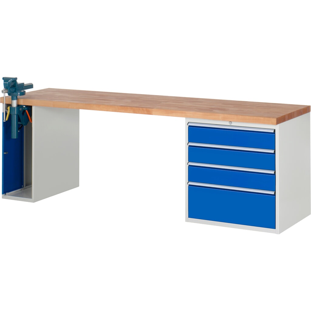 Produktabbildung: RAU Werkbank Serie 7000, 2 Container, SchraubstockHxBxT 890 x 2.500 x 700 mm, 4 x 100%-Auszug-Schubladen, Schubladen-TK 75 kg