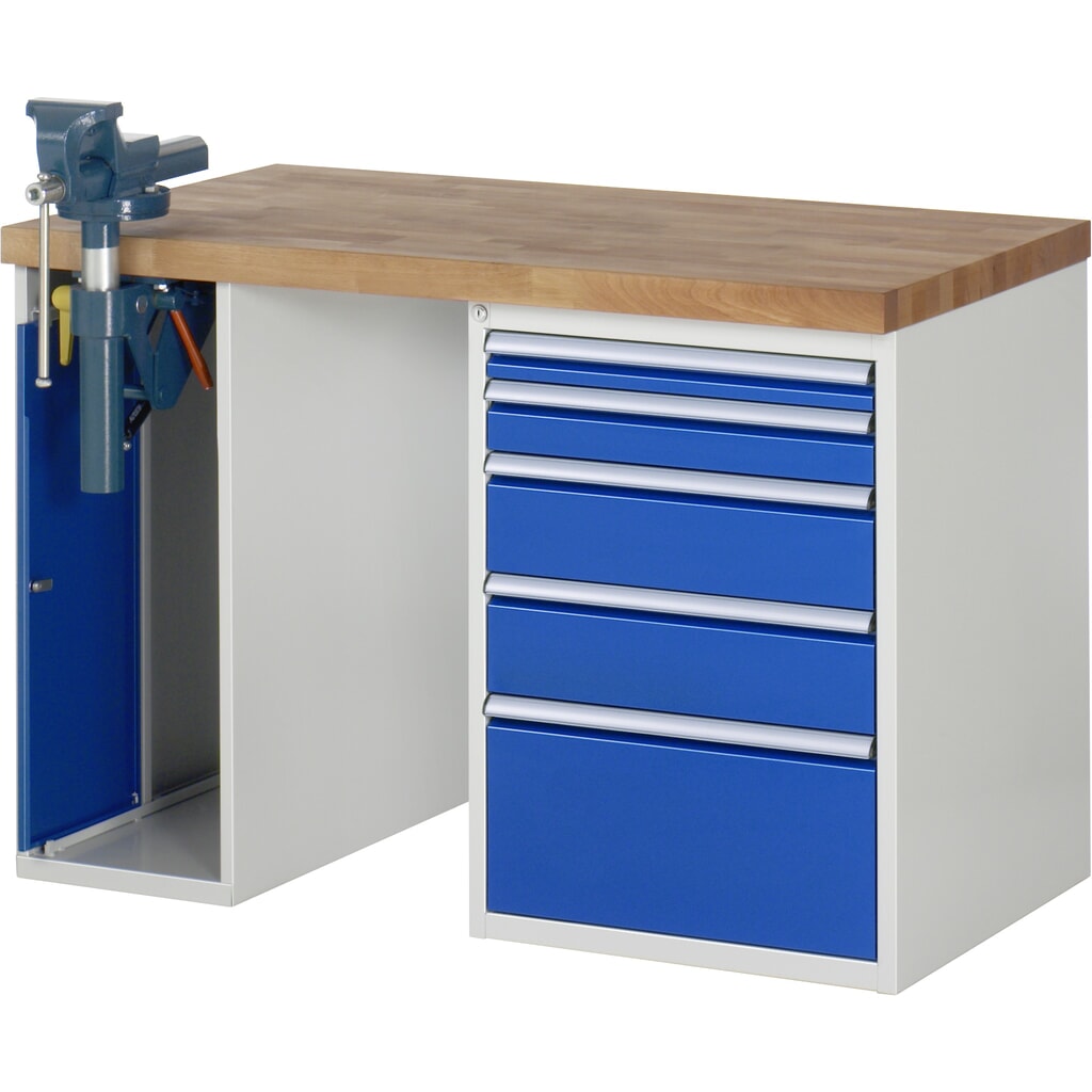 Produktabbildung: RAU Werkbank Serie 7000, 2 Container, Schraubstock, HxBxT 890 x 1.250 x 700 mm, 5 x 90%-Auszug-Schubladen
