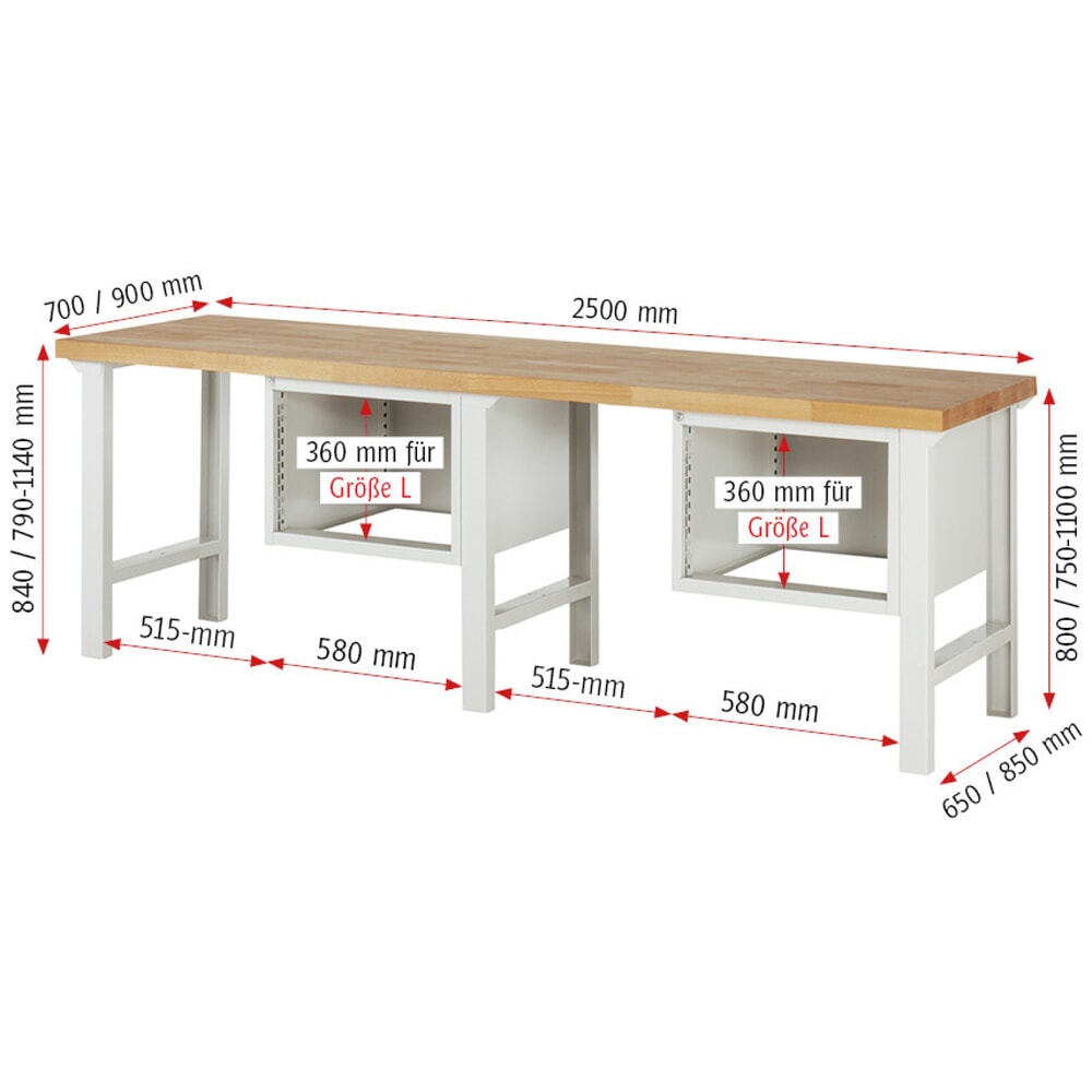 Produktabbildung Nr. 5: RAU Werkbank Serie 7000, 2 Container, HxBxT 840 x 2.500 x 900 mm, 6 x 90%-Auszug-Schubladen 2 x 60 mm, 2 x 120 mm, 2 x 180 mm