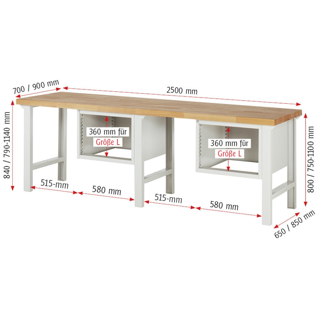 RAU Werkbank Serie 7000, 2 Container, HxBxT 790-1.140 x 2.500 x 700 mm, 4 x 90%-Auszug-Schubladen 2 x 150 mm, 2 x 210 mm Produktabbildung Nr. 6: RAU Werkbank Serie 7000, 2 Container, HxBxT 790-1.140 x 2.500 x 700 mm, 4 x 90%-Auszug-Schubladen 2 x 150 mm, 2 x 210 mm