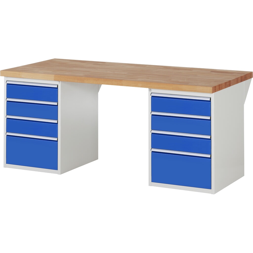Produktabbildung: RAU Werkbank Serie 7000, 2 Container, HxBxT 840 x 2.000 x 900 mm, 8 x 90%-Auszug-Schubladen 6 x 150 mm, 2 x 270 mm