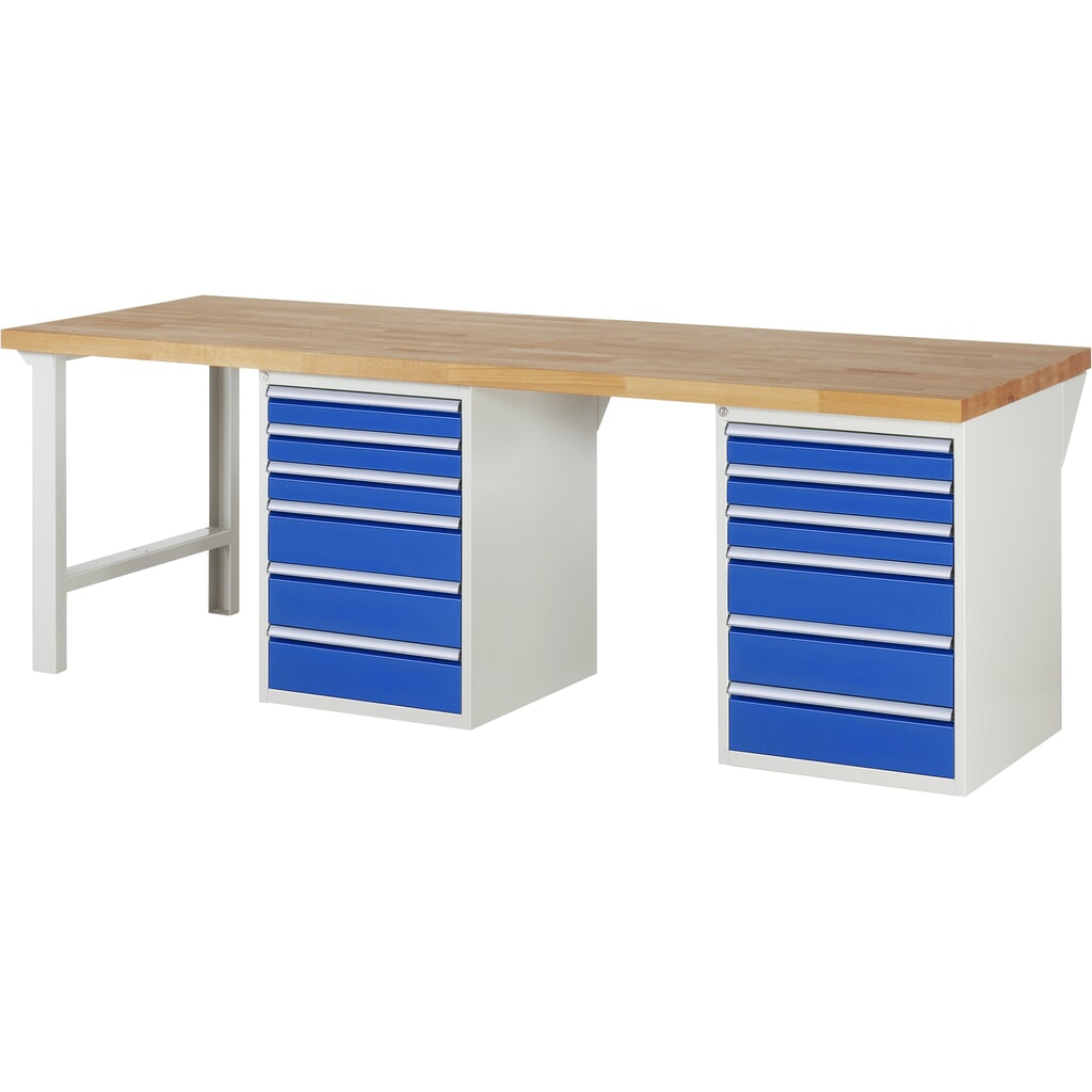 Produktabbildung: RAU Werkbank Serie 7000, 2 Unterbau-Container, Gestellfüsse, 12 Schubladen, Höhe 890 mm