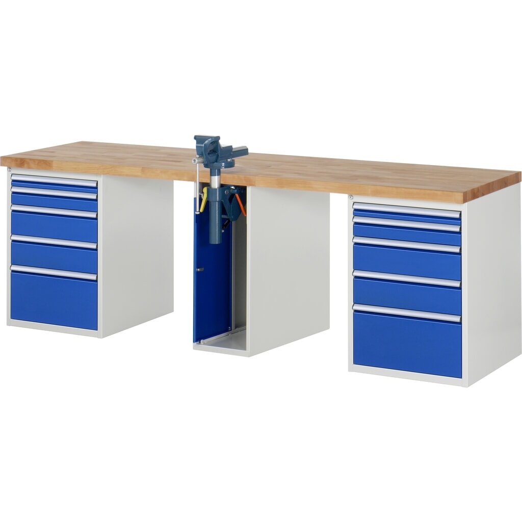 Produktabbildung: RAU Werkbank Serie 7000, 3 Container, HxBxT 890 x 2.500 x 700 mm, 10 x 90%-Auszug-Schubladen, Schraubstock