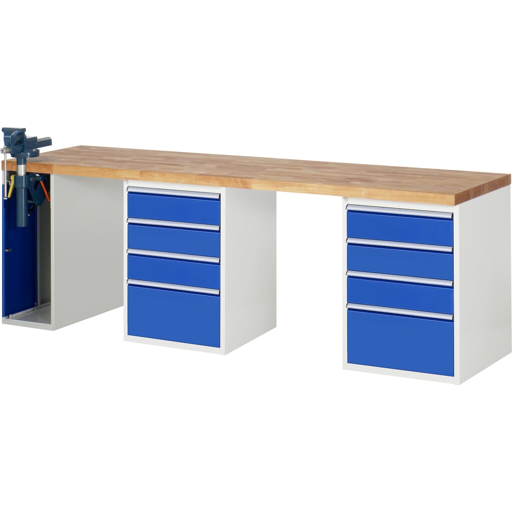 RAU Werkbank Serie 7000, 3 Container, HxBxT 890 x 2.500 x 700 mm, 8 x 90%-Auszug-Schubladen, 1 Schraubstock links Produktabbildung Nr. 1: RAU Werkbank Serie 7000, 3 Container, HxBxT 890 x 2.500 x 700 mm, 8 x 90%-Auszug-Schubladen, 1 Schraubstock links