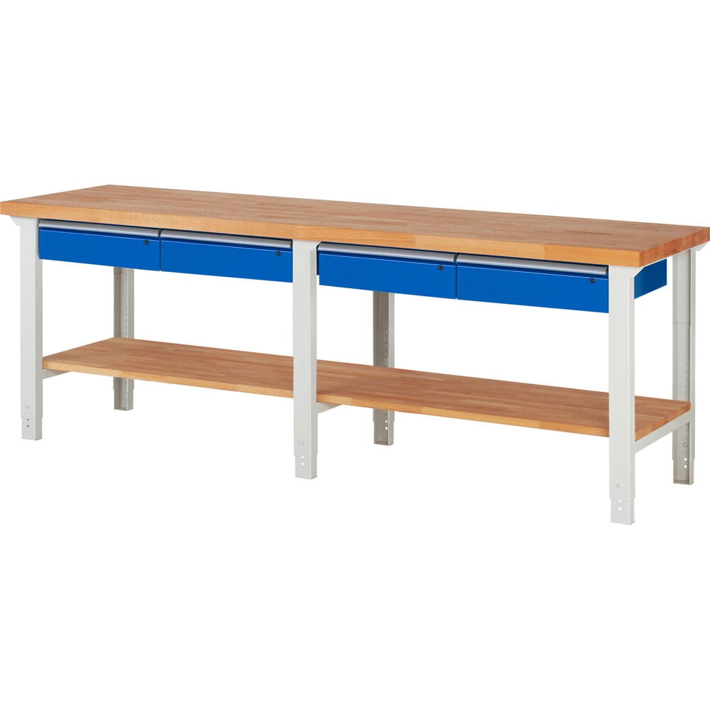 Produktabbildung Nr. 1: RAU Werkbank Serie 7000, 1 Buche-Massiv-Ablageboden, HxBxT 790-1.140 x 2.500 x 700 mm, 4 Schubladen 4 x 150 mm