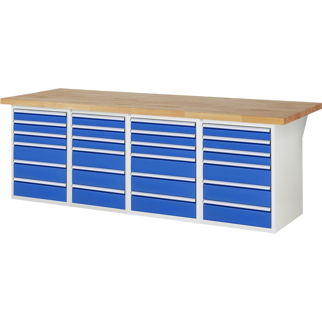 RAU Werkbank Serie 7000, 4 Container, HxBxT 890 x 2.500 x 900 mm, 24 x 90%-Auszug-Schubladen Produktabbildung: RAU Werkbank Serie 7000, 4 Container, HxBxT 890 x 2.500 x 900 mm, 24 x 90%-Auszug-Schubladen