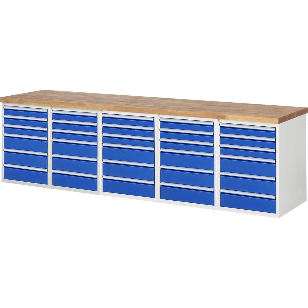 RAU Werkbank Serie 7000, 5 Container, HxBxT 890 x 3.000 x 700 mm, 30 x 90%-Auszug-Schubladen Produktabbildung: RAU Werkbank Serie 7000, 5 Container, HxBxT 890 x 3.000 x 700 mm, 30 x 90%-Auszug-Schubladen