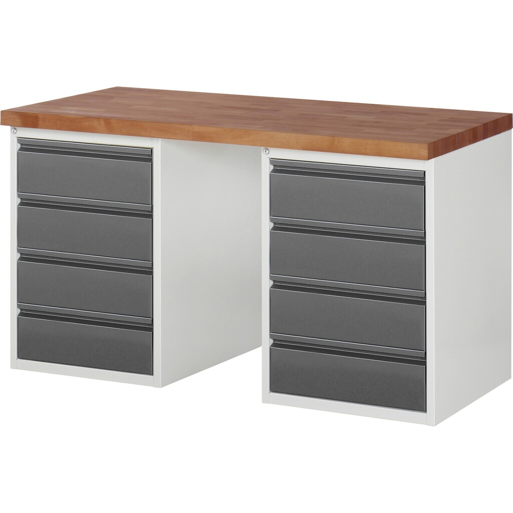 Produktabbildung: RAU Werkbank Serie 7000, Rotbuche-Massiv-Arbeitsplatte, 2 Container, HxBxT 890 x 1.500 x 700 mm, 8 Schubladen 8 x 180 mm