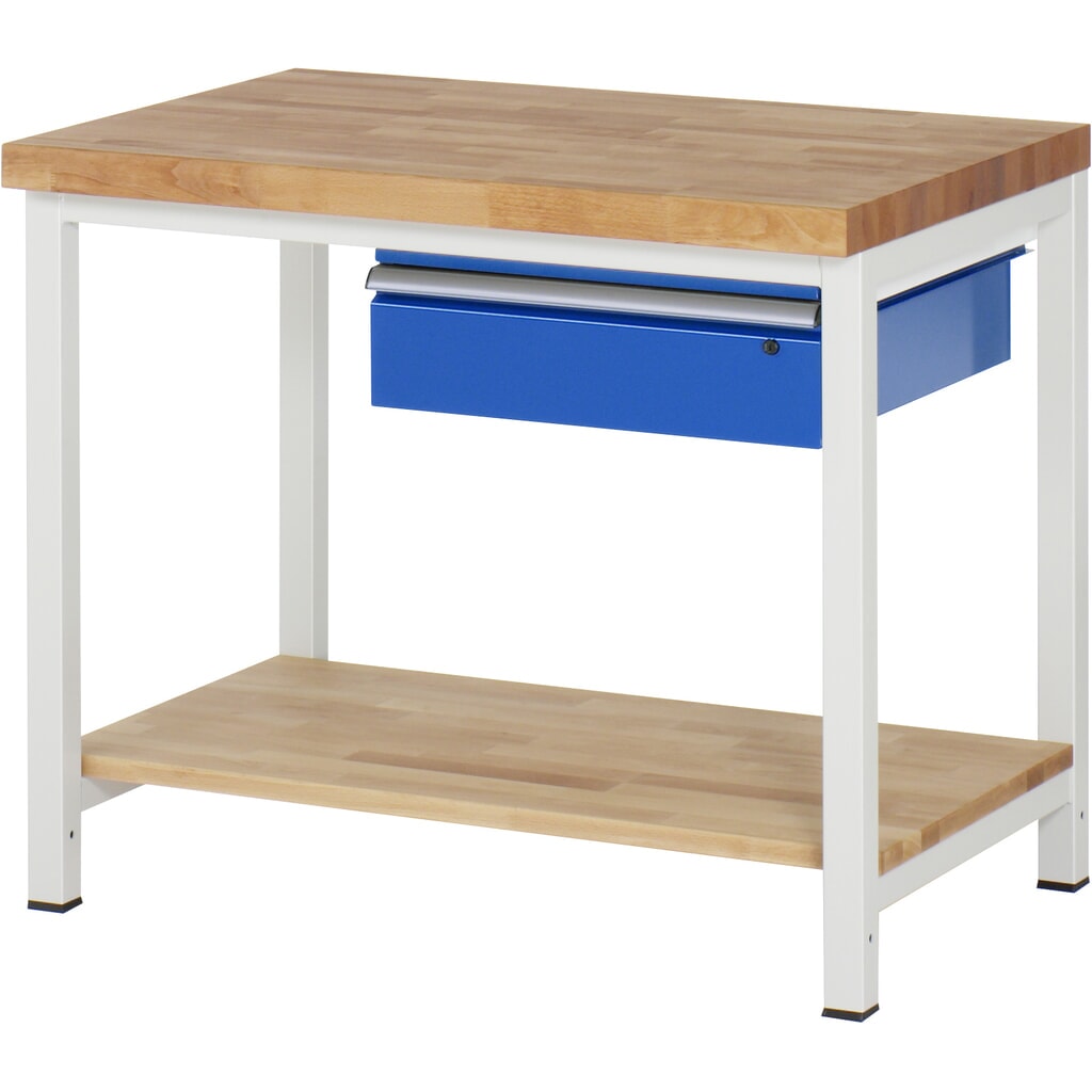 RAU Werkbank Serie 8000, HxBxT 840 x 1.000 x 700 mm, 1 Schublade, 1 Buche-Massiv-Ablageboden Tiefe 557 mm Produktabbildung: RAU Werkbank Serie 8000, HxBxT 840 x 1.000 x 700 mm, 1 Schublade, 1 Buche-Massiv-Ablageboden Tiefe 557 mm