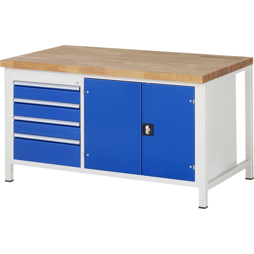 Produktabbildung: RAU Werkbank Serie 8000, 1 Doppel-Container, 1 Doppel-Flügeltür, HxBxT 840-1.040 x 1.500 x 900 mm, 4 x 90%-Auszugs-Schubladen