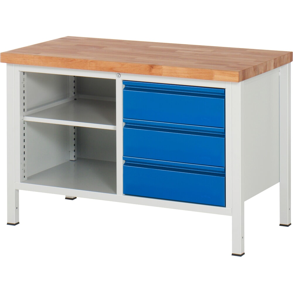 Produktabbildung Nr. 1: RAU Werkbank Serie 8000, 1 Doppel-Container, 1 Fachboden, HxBxT 840-1.040 x 1.250 x 700 mm, 3 x 90%-Auszug-Schubladen, Griffleiste
