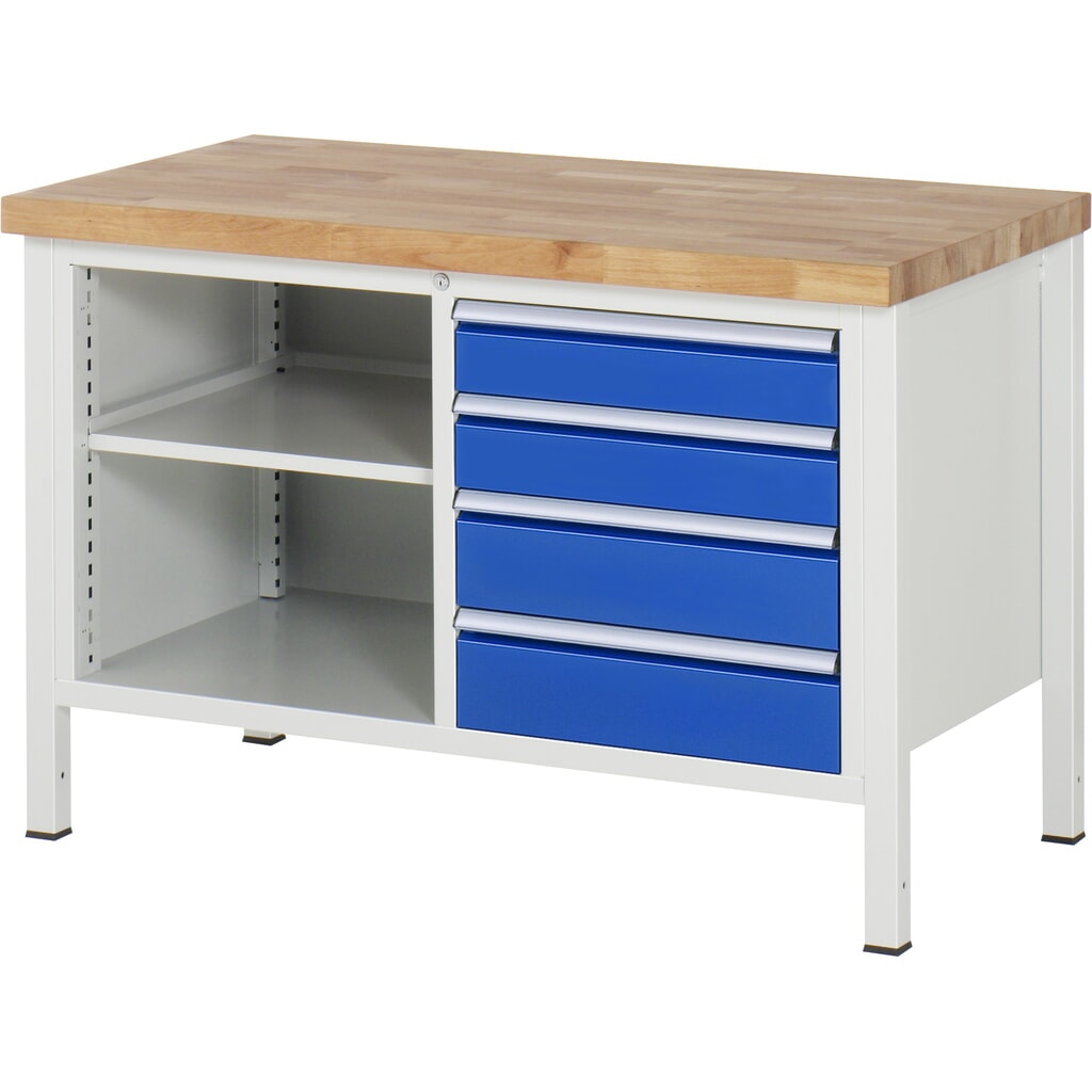 Produktabbildung Nr. 1: RAU Werkbank Serie 8000, 1 Doppel-Container, 1 Fachboden, HxBxT 840-1.040 x 1.250 x 700 mm, 4 x 90%-Auszug-Schubladen