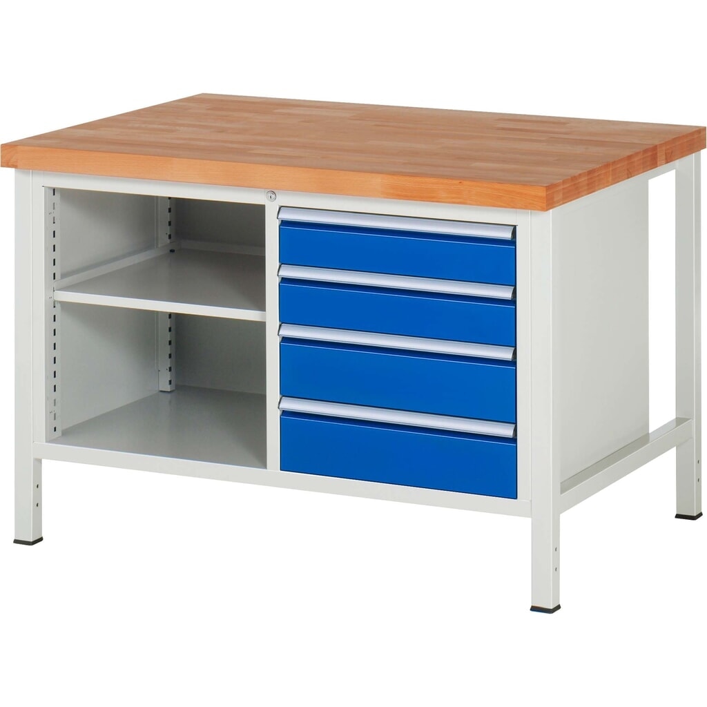 RAU Werkbank Serie 8000, 1 Doppel-Container, 1 Fachboden, HxBxT 840-1.040 x 1.250 x 900 mm, 4 x 90%-Auszug-Schubladen Produktabbildung: RAU Werkbank Serie 8000, 1 Doppel-Container, 1 Fachboden, HxBxT 840-1.040 x 1.250 x 900 mm, 4 x 90%-Auszug-Schubladen