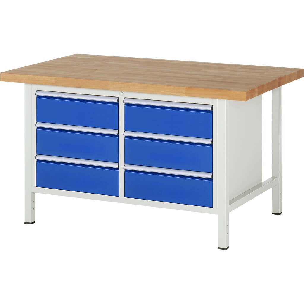 Produktabbildung: RAU Werkbank Serie 8000, 1 Doppel-Container, HxBxT 840-1.040 x 1.500 x 900 mm, 6 x 90%-Auszug-Schubladen 6 x 180 mm, Breite 490 mm