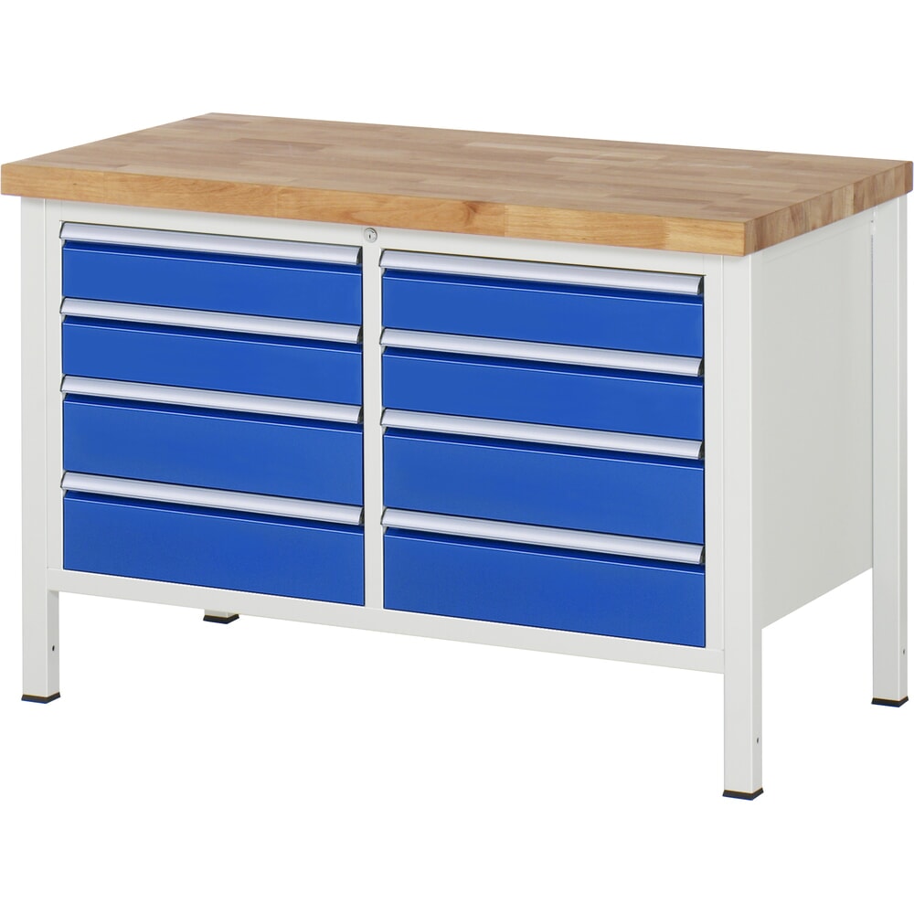 Produktabbildung Nr. 1: RAU Werkbank Serie 8000, 1 Doppel-Container, HxBxT 840-1.040 x 1.250 x 700 mm, 8 x 90%-Auszug-Schubladen 4 x 120, 4 x 150 mm, Breite 490 mm