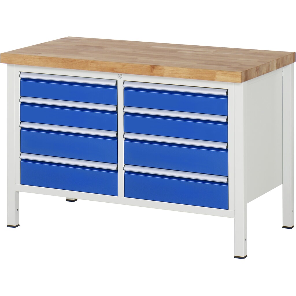 RAU Werkbank Serie 8000, 1 Doppel-Container, HxBxT 840 x 1.250 x 700 mm, 8 x 90%-Auszug-Schubladen 4 x 120, 4 x 150 mm, Schubladen-TK 100 kg Produktabbildung: RAU Werkbank Serie 8000, 1 Doppel-Container, HxBxT 840 x 1.250 x 700 mm, 8 x 90%-Auszug-Schubladen 4 x 120, 4 x 150 mm, Schubladen-TK 100 kg