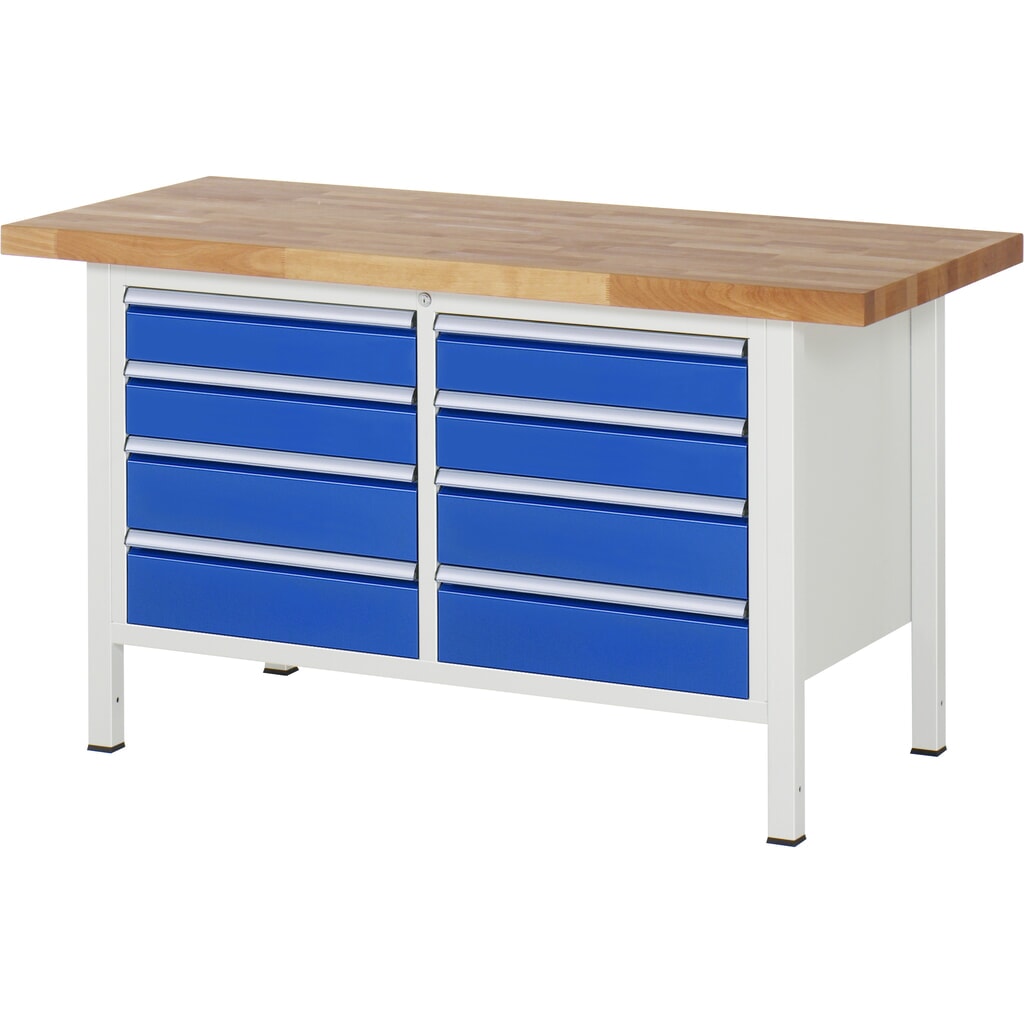 Produktabbildung: RAU Werkbank Serie 8000, 1 Doppel-Container, HxBxT 840-1.040 x 1.500 x 700 mm, 8 x 100%-Auszug-Schubladen 4 x 120, 4 x 150 mm, Breite 490 mm