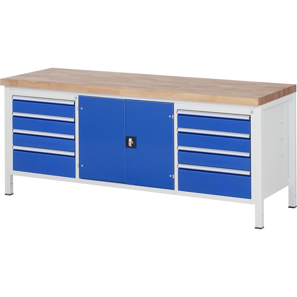 RAU Werkbank Serie 8000, 1 Dreifach-Container, 1 Doppel-Flügeltür, HxBxT 840 x 2.000 x 700 mm, 8 x 90%-Auszug-Schubladen Produktabbildung: RAU Werkbank Serie 8000, 1 Dreifach-Container, 1 Doppel-Flügeltür, HxBxT 840 x 2.000 x 700 mm, 8 x 90%-Auszug-Schubladen