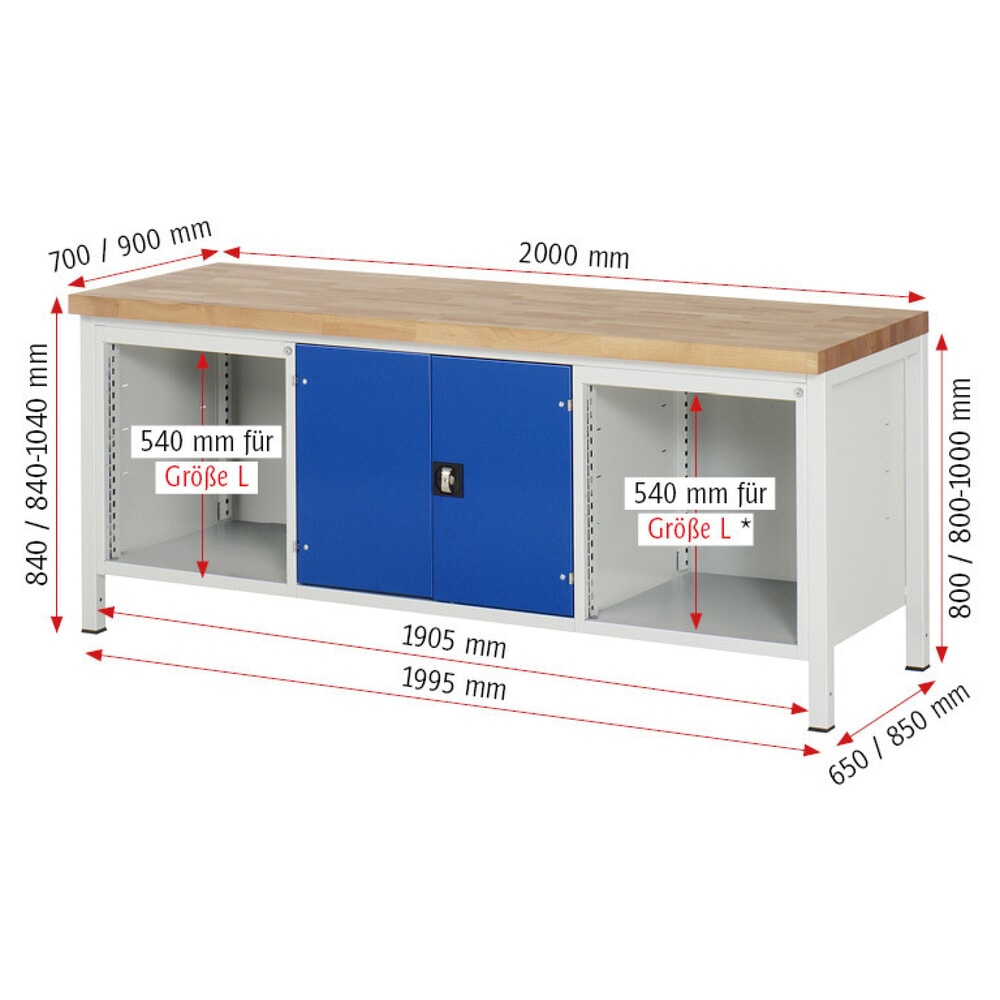 Produktabbildung Nr. 7: RAU Werkbank Serie 8000, 1 Dreifach-Container, 1 Doppel-Flügeltür, HxBxT 840-1.040 x 2.000 x 700 mm, 9 x 90%-Auszug-Schubladen