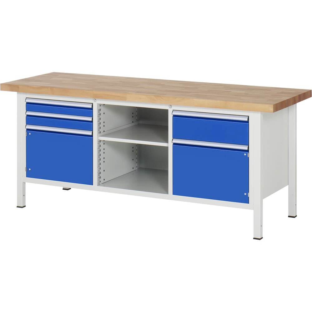 Produktabbildung Nr. 1: RAU Werkbank Serie 8000, 1 Dreifach-Container, 1 Fachboden, 2 Flügeltüren, HxBxT 840-1.040 x 2.000 x 700 mm, 3 x 90% Auszugs-Schubladen
