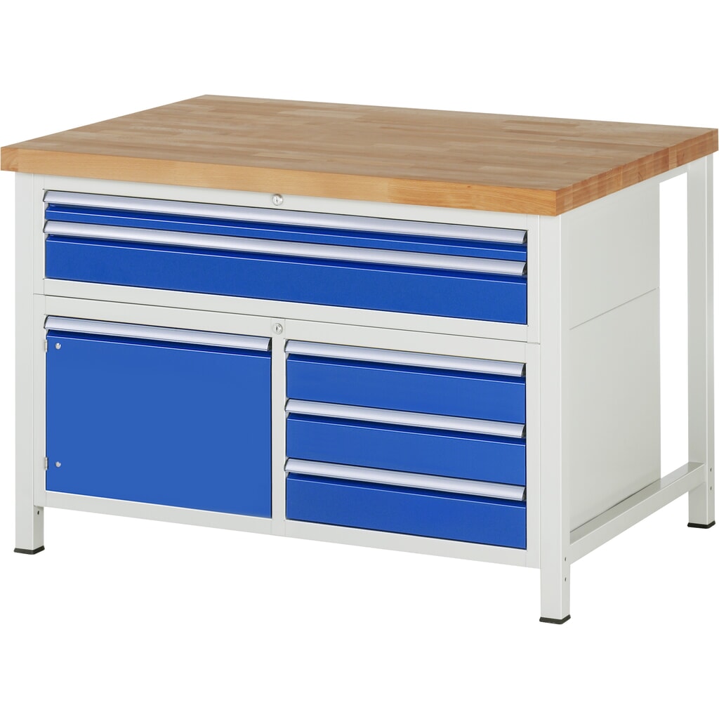 Produktabbildung: RAU Werkbank Serie 8000, 1 Dreifach-Container, 1 Flügeltür, HxBxT 840-1.040 x 1.250 x 900 mm, 5 x 90%-Auszug-Schubladen, 2 XXL oben