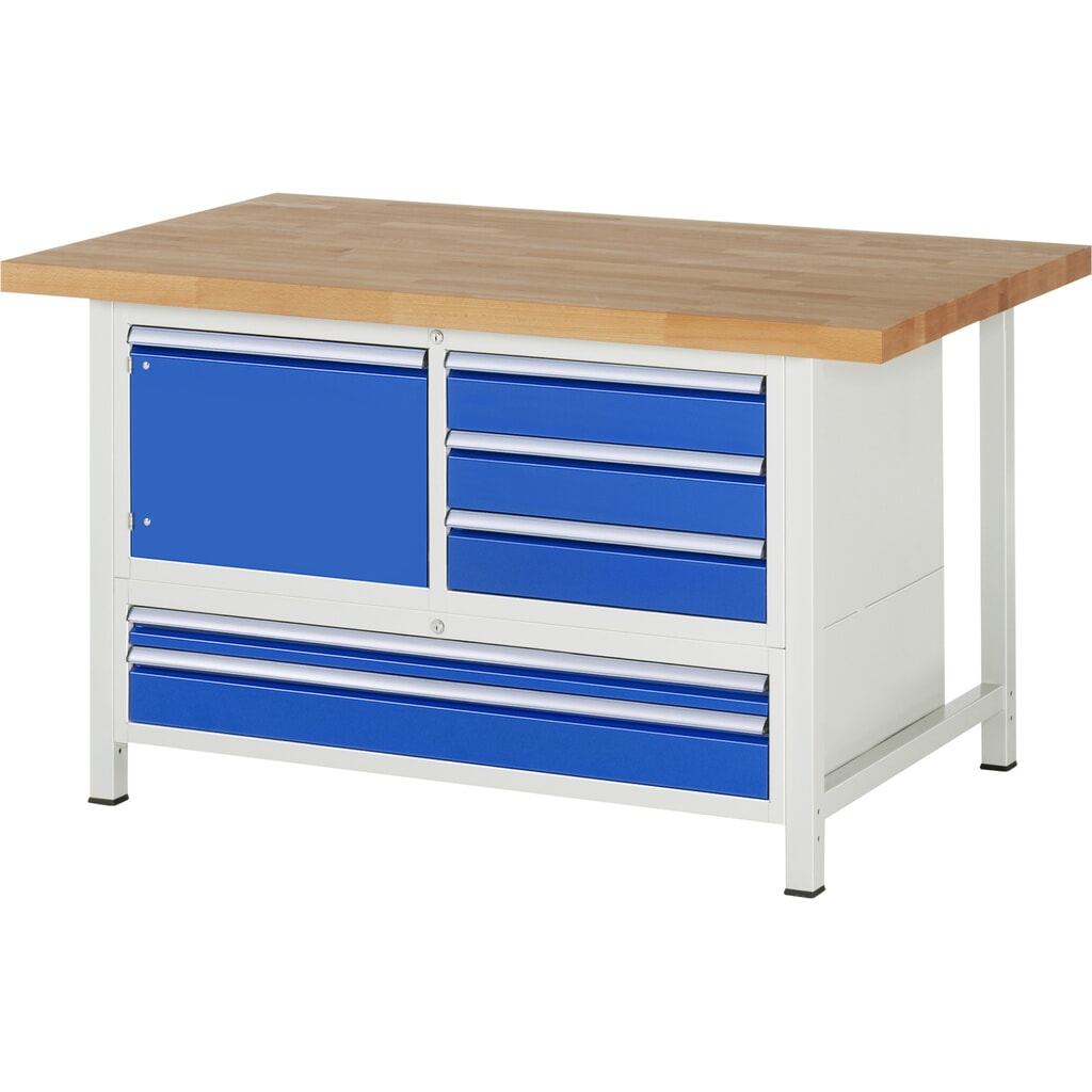 Produktabbildung: RAU Werkbank Serie 8000, 1 Dreifach-Container, 1 Flügeltür, HxBxT 840-1.040 x 1.500 x 900 mm, 5 x 100%-Auszug-Schubladen, 2 XXL unten