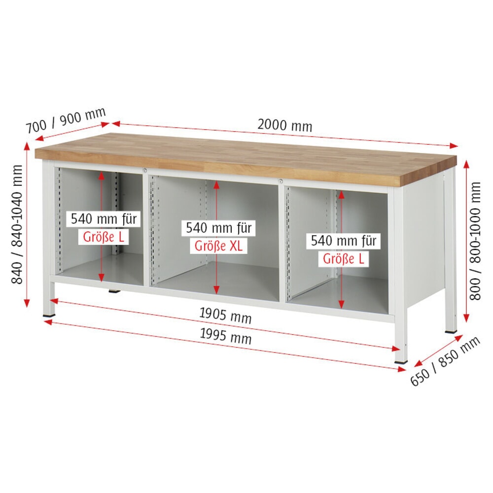 Produktabbildung Nr. 6: RAU Werkbank Serie 8000, 1 Dreifach-Container, 2 Flügeltüren, HxBxT 840 x 2.000 x 700 mm, 4 x 90%-Auszug-Schubladen