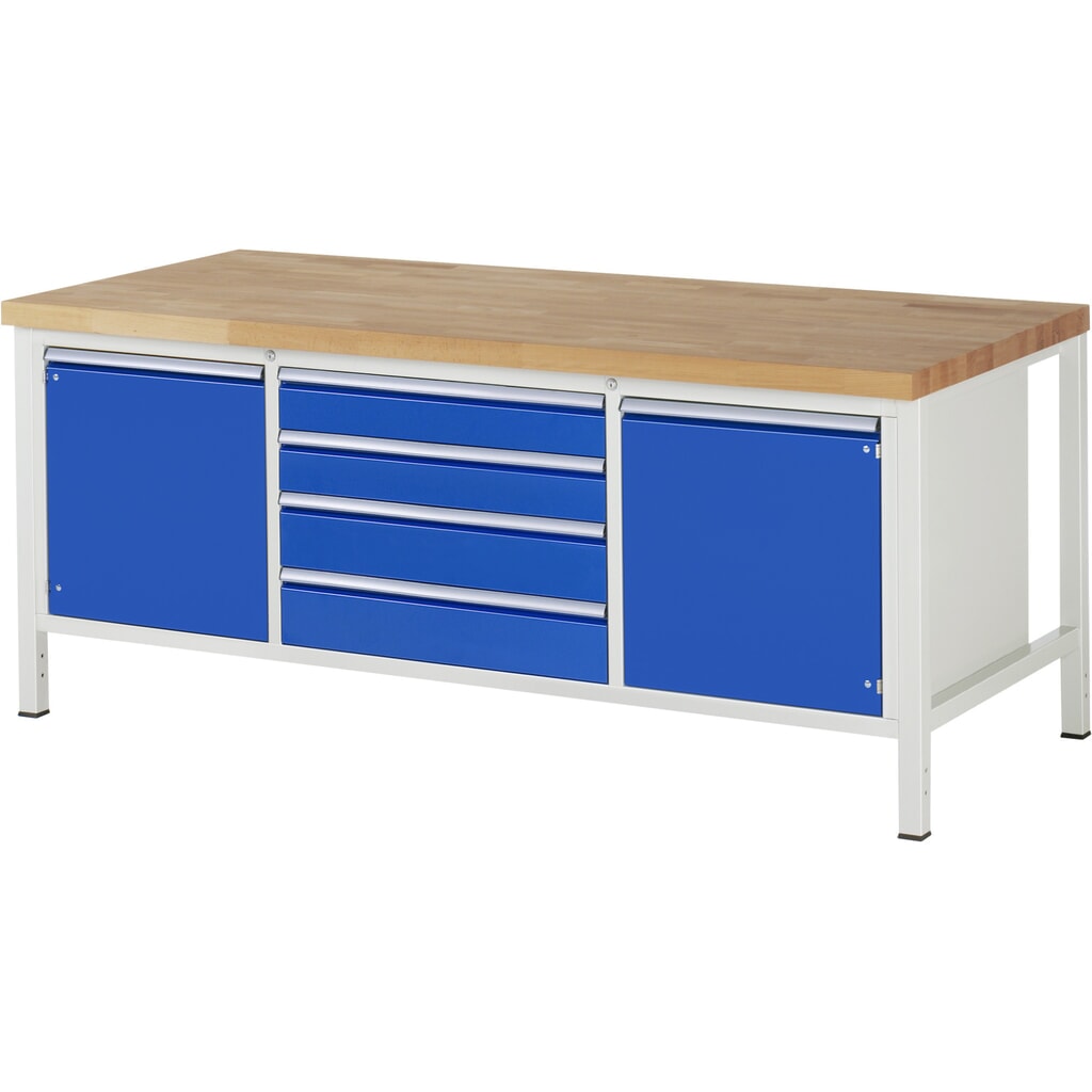 Produktabbildung: RAU Werkbank Serie 8000, 1 Dreifach-Container, 2 Flügeltüren, HxBxT 840-1.040 x 2.000 x 900 mm, 4 x 90%-Auszug-Schubladen