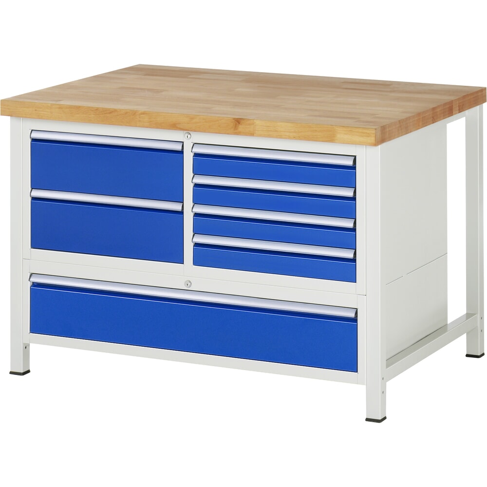 Produktabbildung Nr. 1: RAU Werkbank Serie 8000, 1 Dreifach-Container, HxBxT 840-1.040 x 1.250 x 900 mm, 7 x 90%-Auszug-Schubladen 4 x 90, 3 x 180 mm