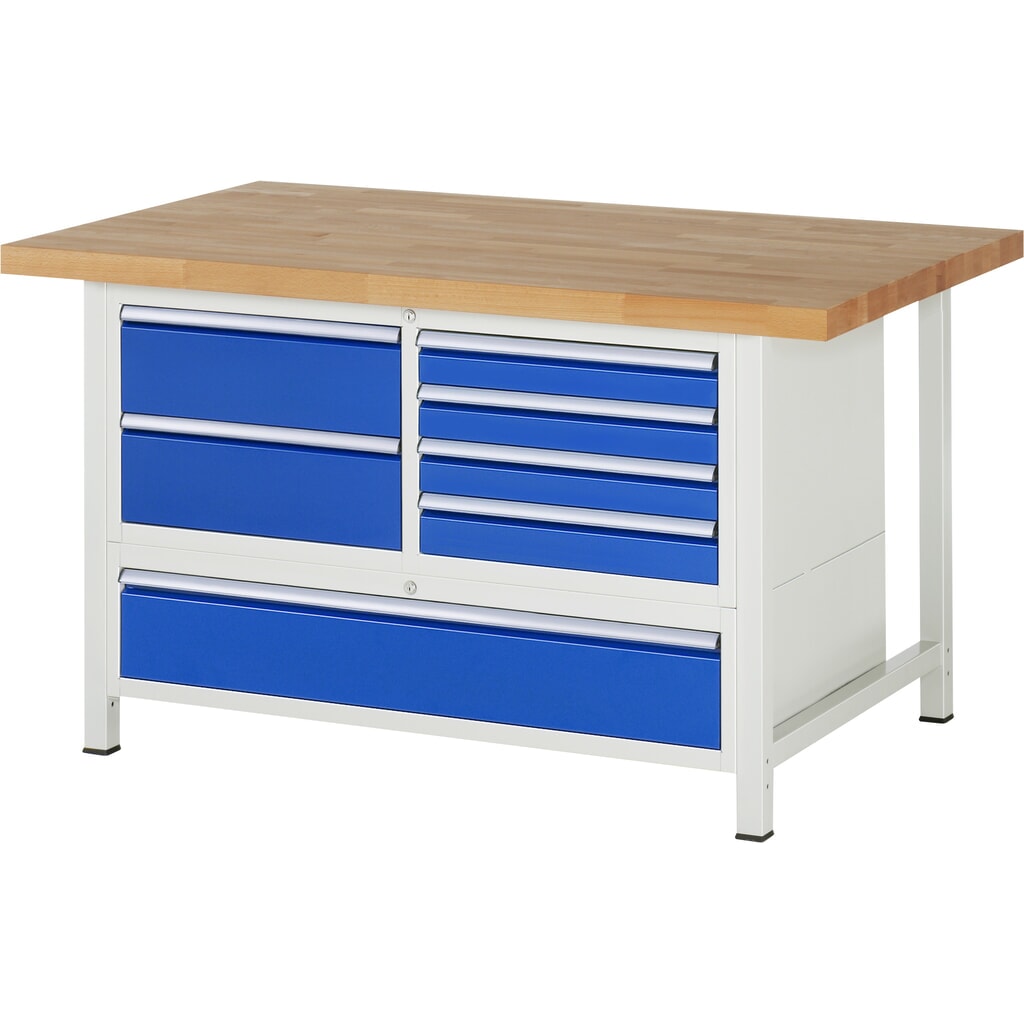 RAU Werkbank Serie 8000, 1 Dreifach-Container, HxBxT 840-1.040 x 1.500 x 900 mm, 7 x 90%-Auszug-Schubladen 4 x 90, 3 x 180 mm Produktabbildung: RAU Werkbank Serie 8000, 1 Dreifach-Container, HxBxT 840-1.040 x 1.500 x 900 mm, 7 x 90%-Auszug-Schubladen 4 x 90, 3 x 180 mm