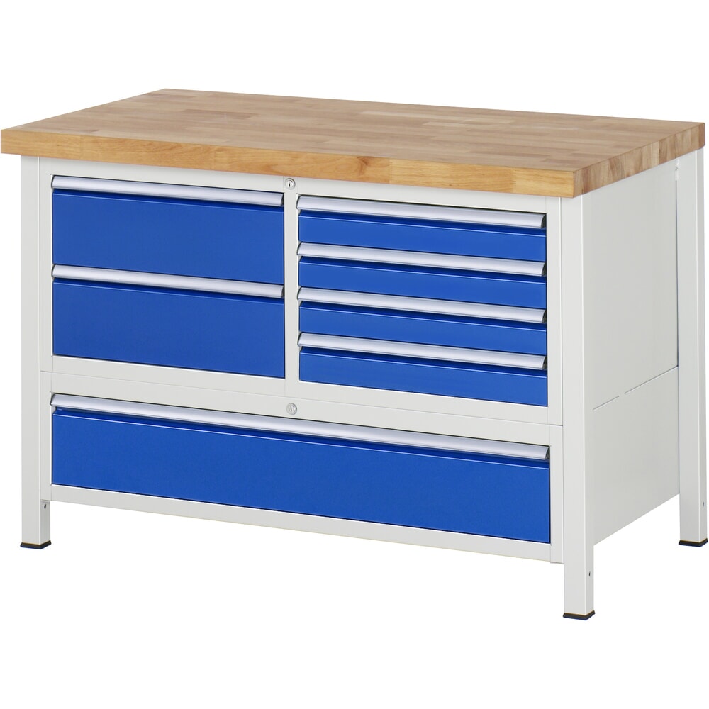 Produktabbildung Nr. 1: RAU Werkbank Serie 8000, 1 Dreifach-Container, HxBxT 840-1.040 x 1.250 x 700 mm, 7 x 90%-Auszug-Schubladen 4 x 90, 3 x 180 mm