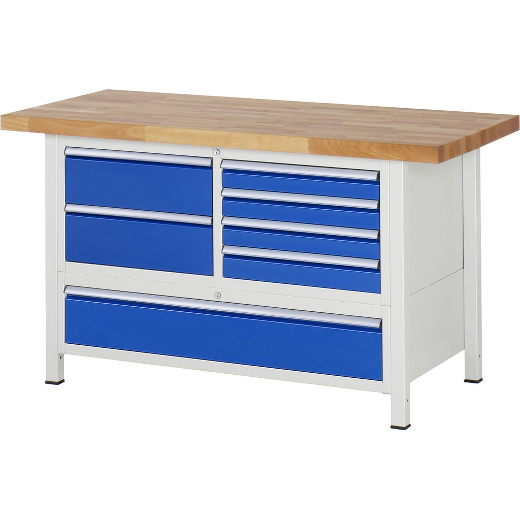RAU Werkbank Serie 8000, 1 Dreifach-Container, HxBxT 840-1.040 x 1.500 x 700 mm, 7 x 90%-Auszug-Schubladen 4 x 90, 3 x 180 mm Produktabbildung: RAU Werkbank Serie 8000, 1 Dreifach-Container, HxBxT 840-1.040 x 1.500 x 700 mm, 7 x 90%-Auszug-Schubladen 4 x 90, 3 x 180 mm