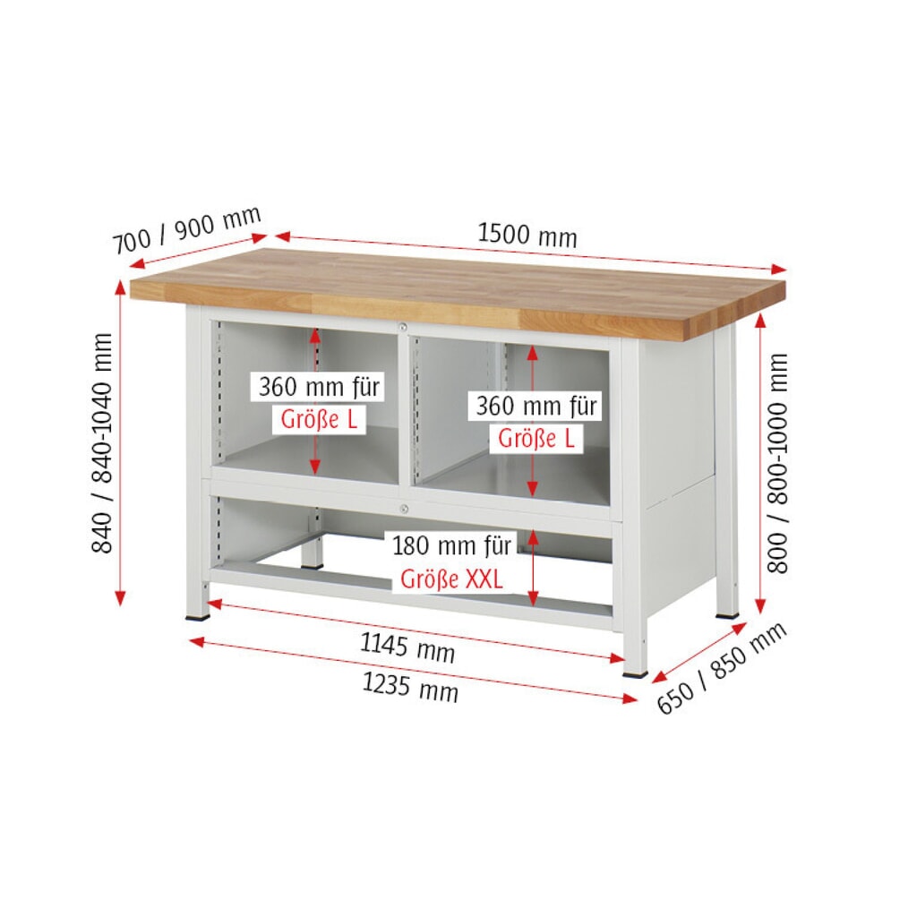 Produktabbildung Nr. 9: RAU Werkbank Serie 8000, 1 Dreifach-Container, 1 Flügeltür, HxBxT 840-1.040 x 1.500 x 900 mm, 5 x 100%-Auszug-Schubladen, 2 XXL unten