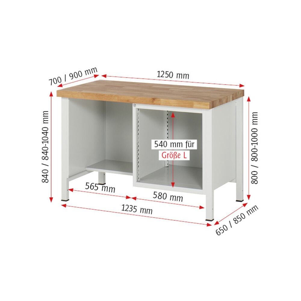 Produktabbildung Nr. 8: RAU Werkbank Serie 8000, 1 Ablageboden, HxBxT 840-1.040 x 1.250 x 700 mm, 2 x 90%-Auszug-Schubladen