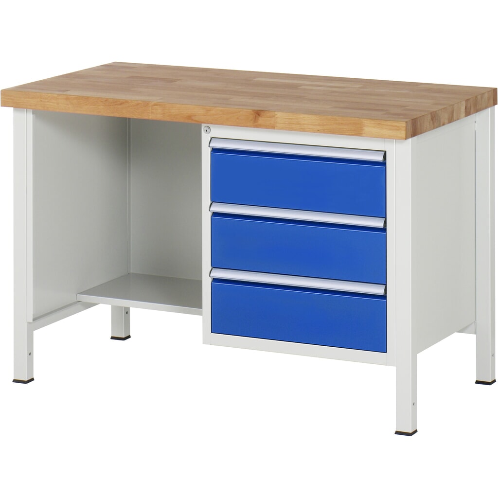 RAU Werkbank Serie 8000, 1 Ablageboden, HxBxT 840-1.040 x 1.250 x 700 mm, 3 x 90 % Auszugs-Schubladen, ErgoScript® Produktabbildung: RAU Werkbank Serie 8000, 1 Ablageboden, HxBxT 840-1.040 x 1.250 x 700 mm, 3 x 90 % Auszugs-Schubladen, ErgoScript®
